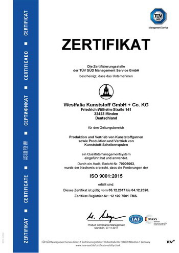 Westfalia Kunststoff GmbH + Co. KG Minden Zertifikat Certificat